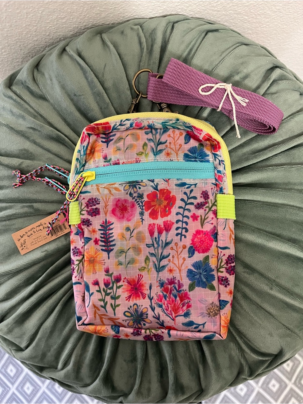 NATURAL LIFE Pink Multi Floral Crossbody with Aqua Zip and Purple Strap